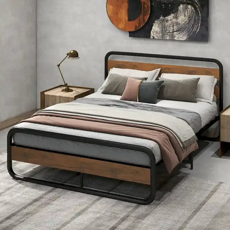 Black Metal Platform Bed Frame with Wood Accent Headboard Footboard