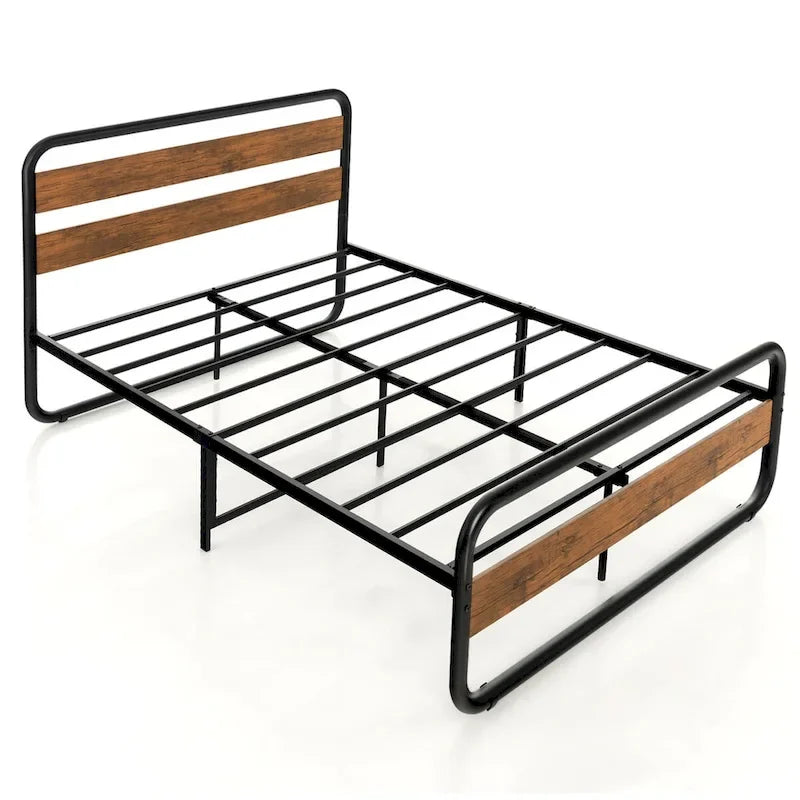 Black Metal Platform Bed Frame with Wood Accent Headboard Footboard