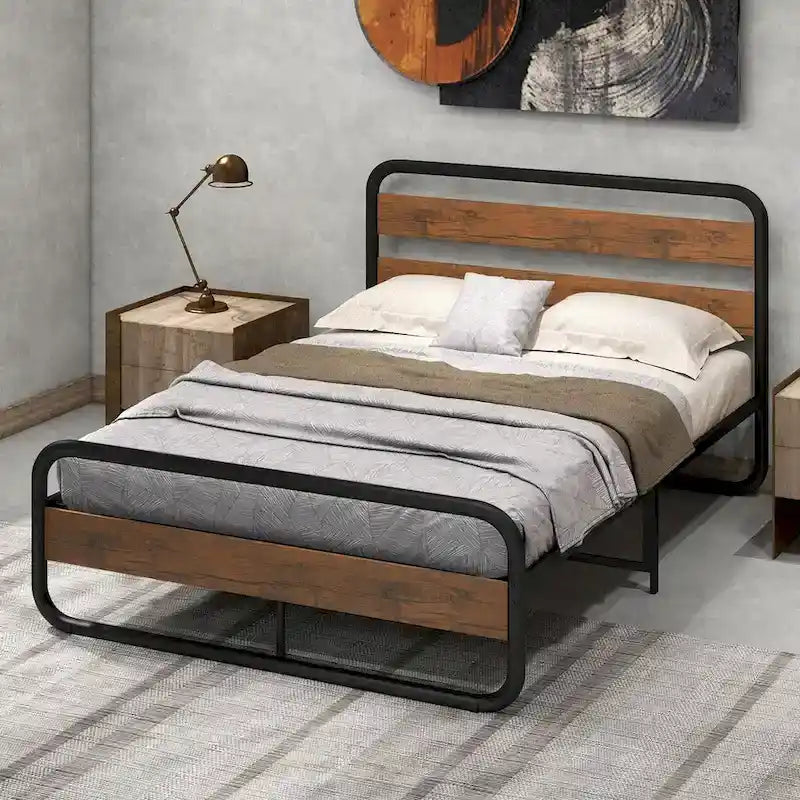 Black Metal Platform Bed Frame with Wood Accent Headboard Footboard