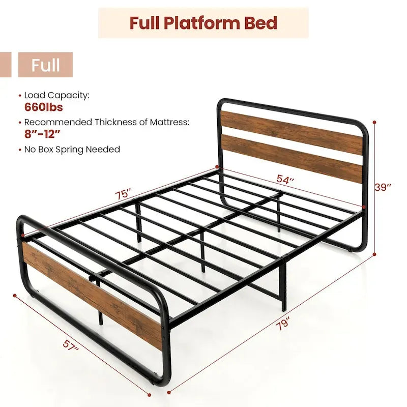 Black Metal Platform Bed Frame with Wood Accent Headboard Footboard