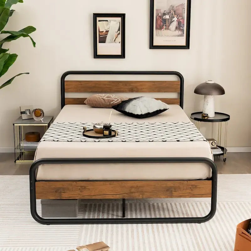 Black Metal Platform Bed Frame with Wood Accent Headboard Footboard