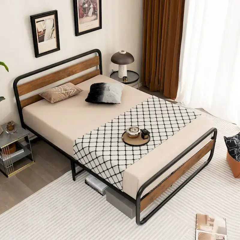 Black Metal Platform Bed Frame with Wood Accent Headboard Footboard