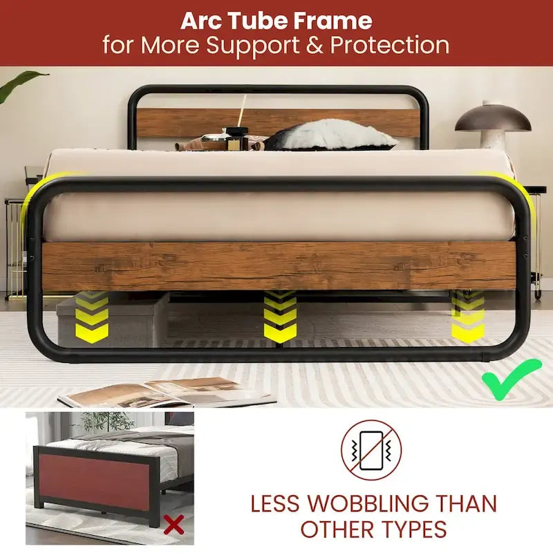 Black Metal Platform Bed Frame with Wood Accent Headboard Footboard