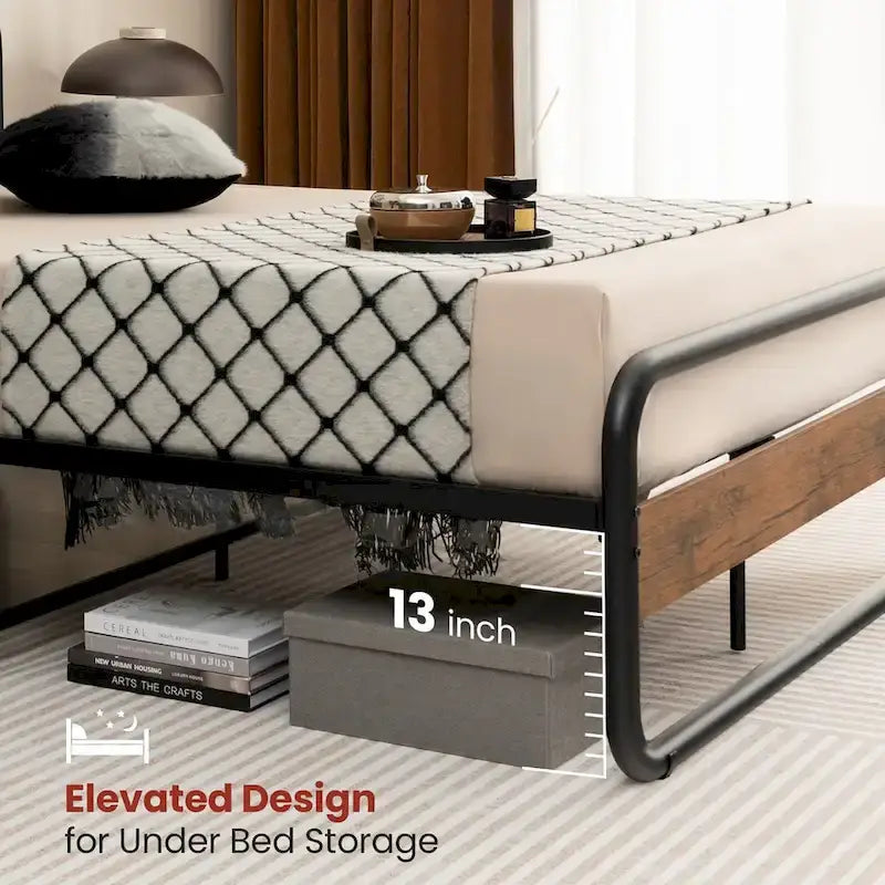 Black Metal Platform Bed Frame with Wood Accent Headboard Footboard