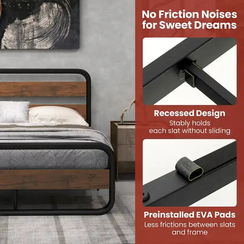 Black Metal Platform Bed Frame with Wood Accent Headboard Footboard