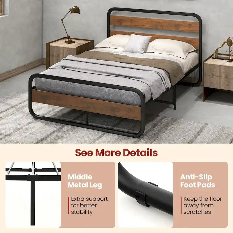 Black Metal Platform Bed Frame with Wood Accent Headboard Footboard