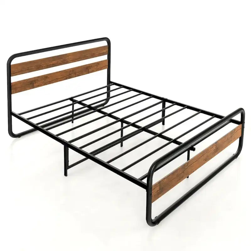 Black Metal Platform Bed Frame with Wood Accent Headboard Footboard