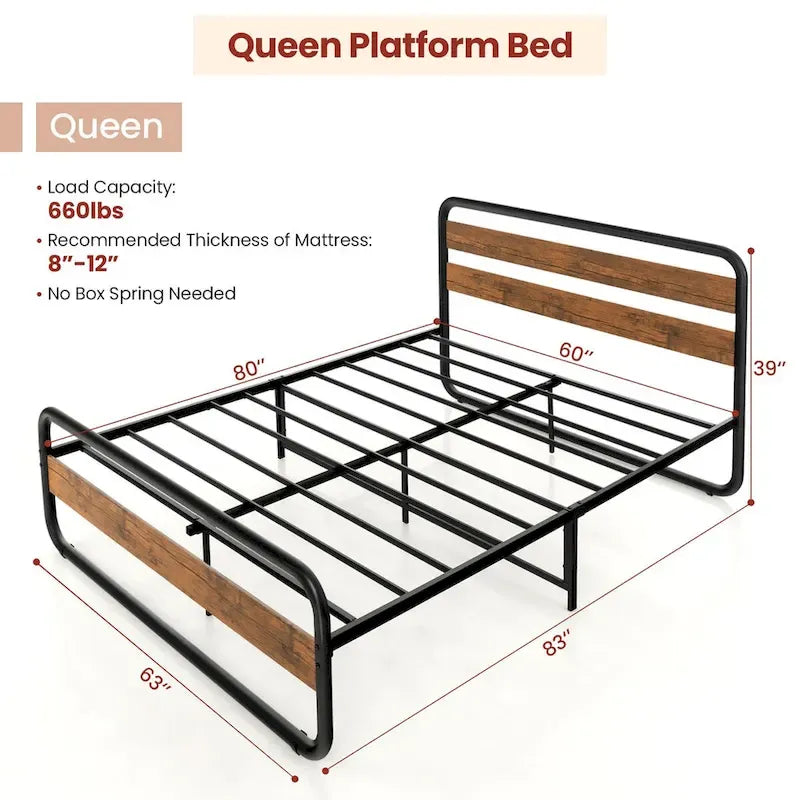 Black Metal Platform Bed Frame with Wood Accent Headboard Footboard