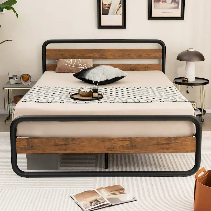 Black Metal Platform Bed Frame with Wood Accent Headboard Footboard