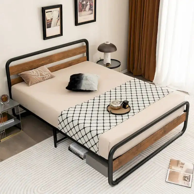Black Metal Platform Bed Frame with Wood Accent Headboard Footboard