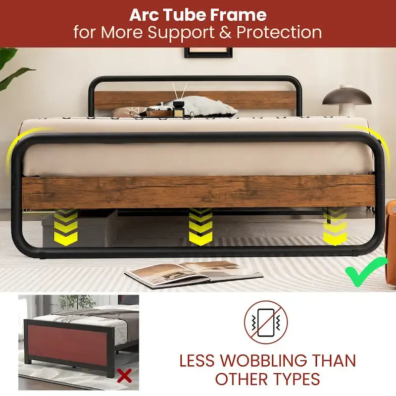 Black Metal Platform Bed Frame with Wood Accent Headboard Footboard