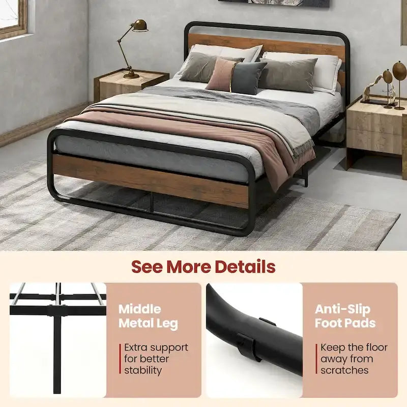 Black Metal Platform Bed Frame with Wood Accent Headboard Footboard