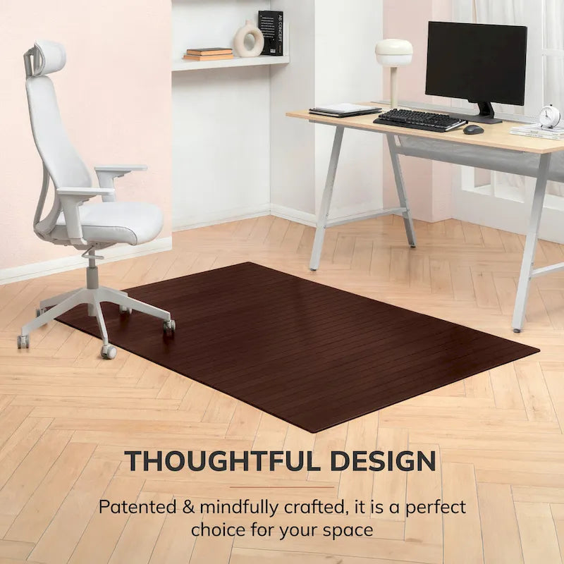 Natural Bamboo Rectangular Office Chair Mat with Non-Slip Backing, Dark Brown