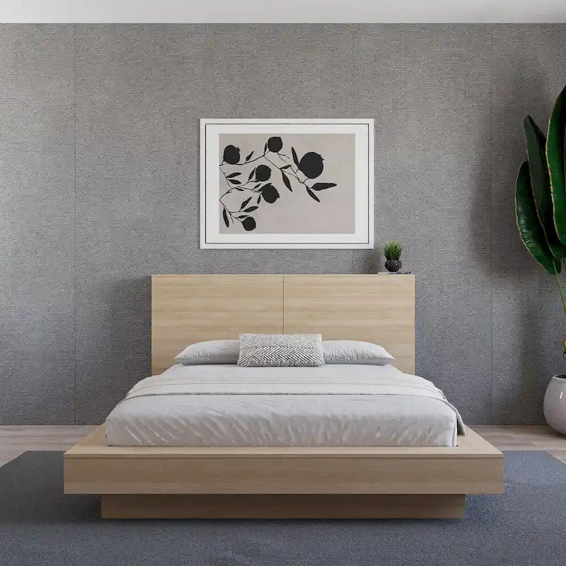 Modern Oak Storage Headboard with Side Shelves Natural Blonde Brown