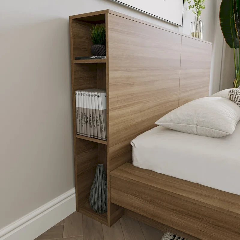 Modern Oak Storage Headboard with Side Shelves Natural Blonde Brown