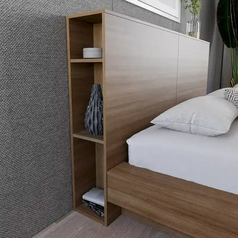 Modern Oak Storage Headboard with Side Shelves Natural Blonde Brown