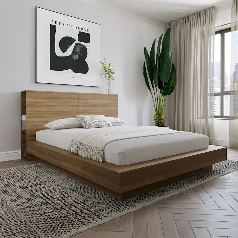 Modern Oak Storage Headboard with Side Shelves Natural Blonde Brown