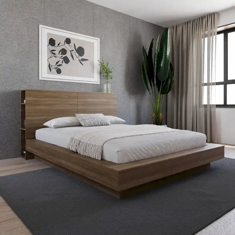 Modern Oak Storage Headboard with Side Shelves Natural Blonde Brown