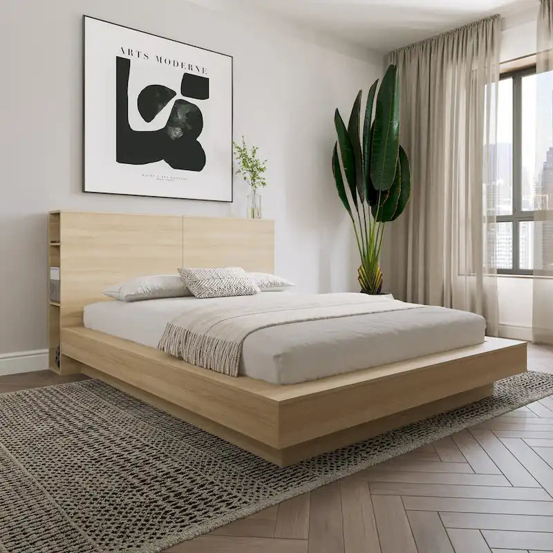 Modern Oak Storage Headboard with Side Shelves Natural Blonde Brown