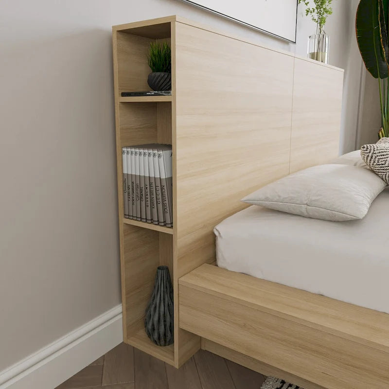 Modern Oak Storage Headboard with Side Shelves Natural Blonde Brown