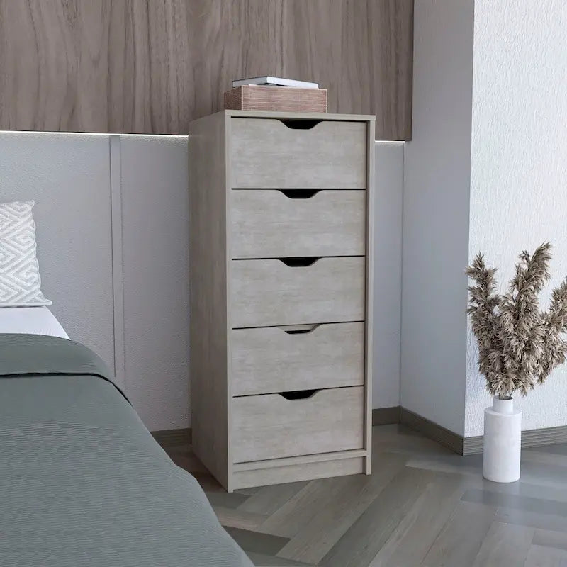 5 Drawer Tall Dresser Slim Storage Chest Concrete Gray Smokey Oak Bedroom