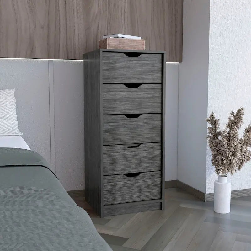 5 Drawer Tall Dresser Slim Storage Chest Concrete Gray Smokey Oak Bedroom