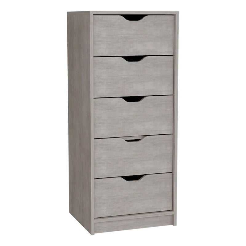 5 Drawer Tall Dresser Slim Storage Chest Concrete Gray Smokey Oak Bedroom