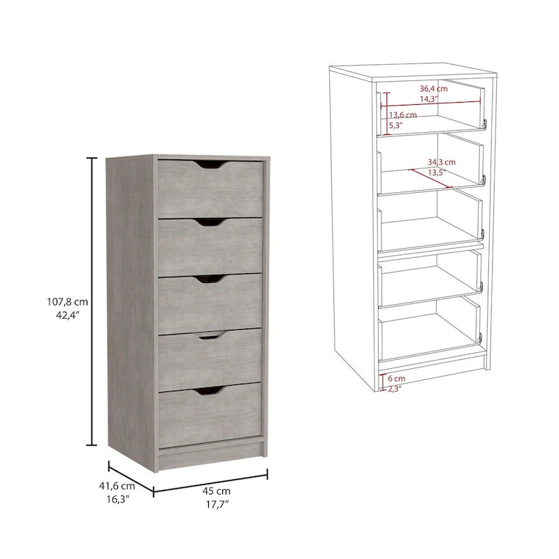 5 Drawer Tall Dresser Slim Storage Chest Concrete Gray Smokey Oak Bedroom