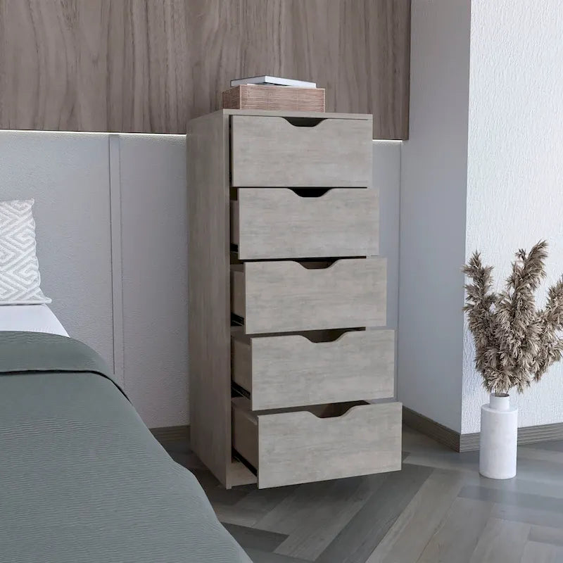 5 Drawer Tall Dresser Slim Storage Chest Concrete Gray Smokey Oak Bedroom