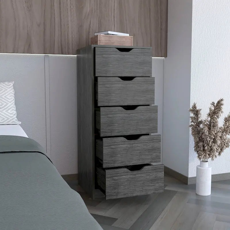 5 Drawer Tall Dresser Slim Storage Chest Concrete Gray Smokey Oak Bedroom