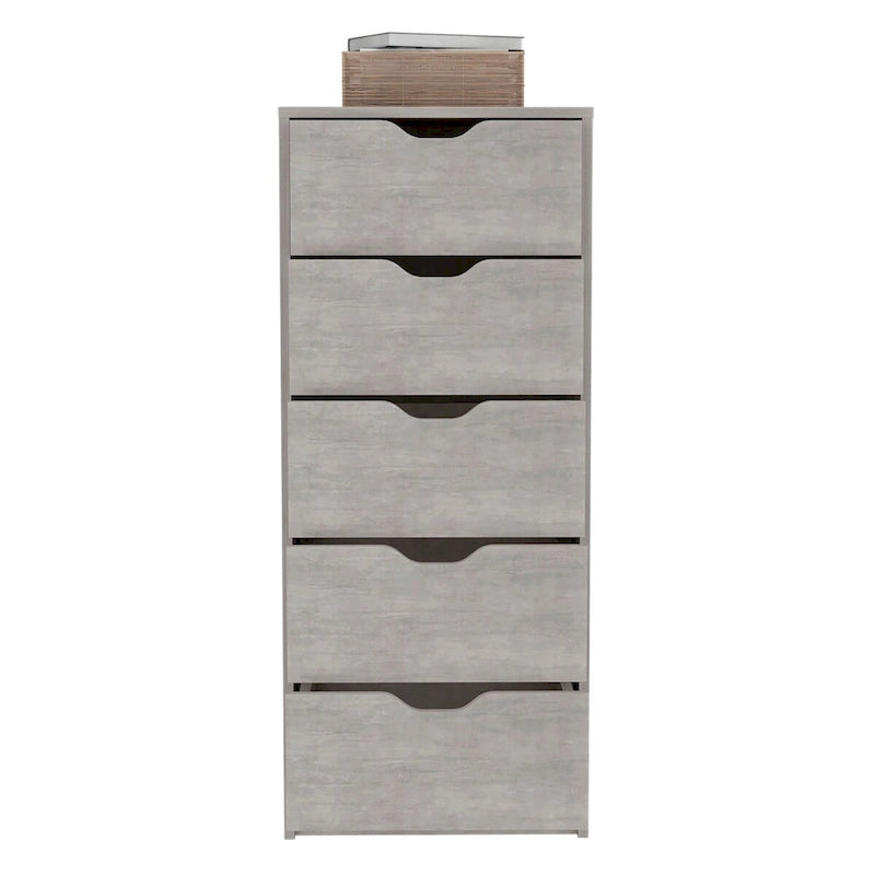 5 Drawer Tall Dresser Slim Storage Chest Concrete Gray Smokey Oak Bedroom