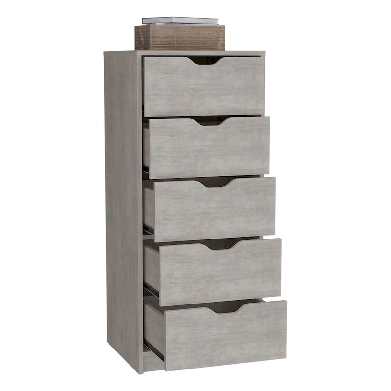 5 Drawer Tall Dresser Slim Storage Chest Concrete Gray Smokey Oak Bedroom