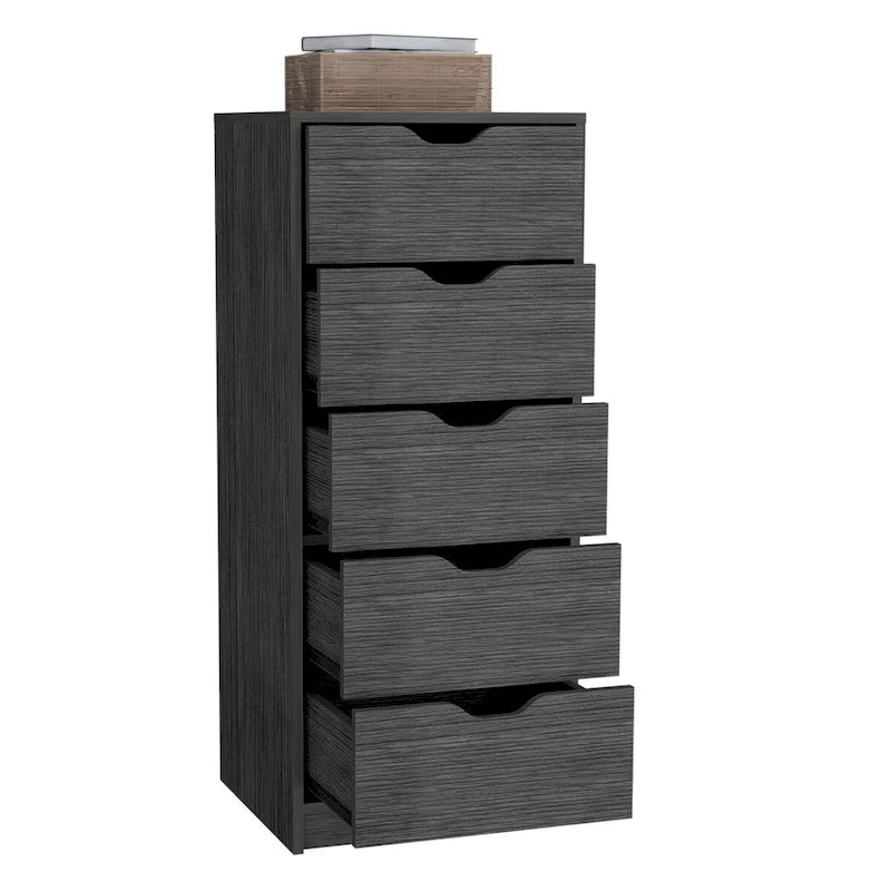 5 Drawer Tall Dresser Slim Storage Chest Concrete Gray Smokey Oak Bedroom