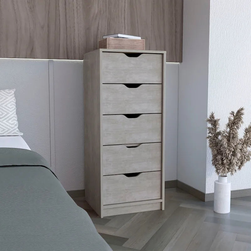 5 Drawer Tall Dresser Slim Storage Chest Concrete Gray Smokey Oak Bedroom