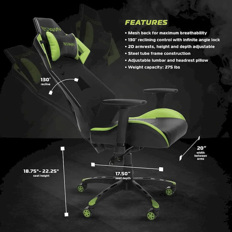 Racecar Style Gaming Chair Black Green Mesh Ergonomic Adjustable Swivel Office Seat