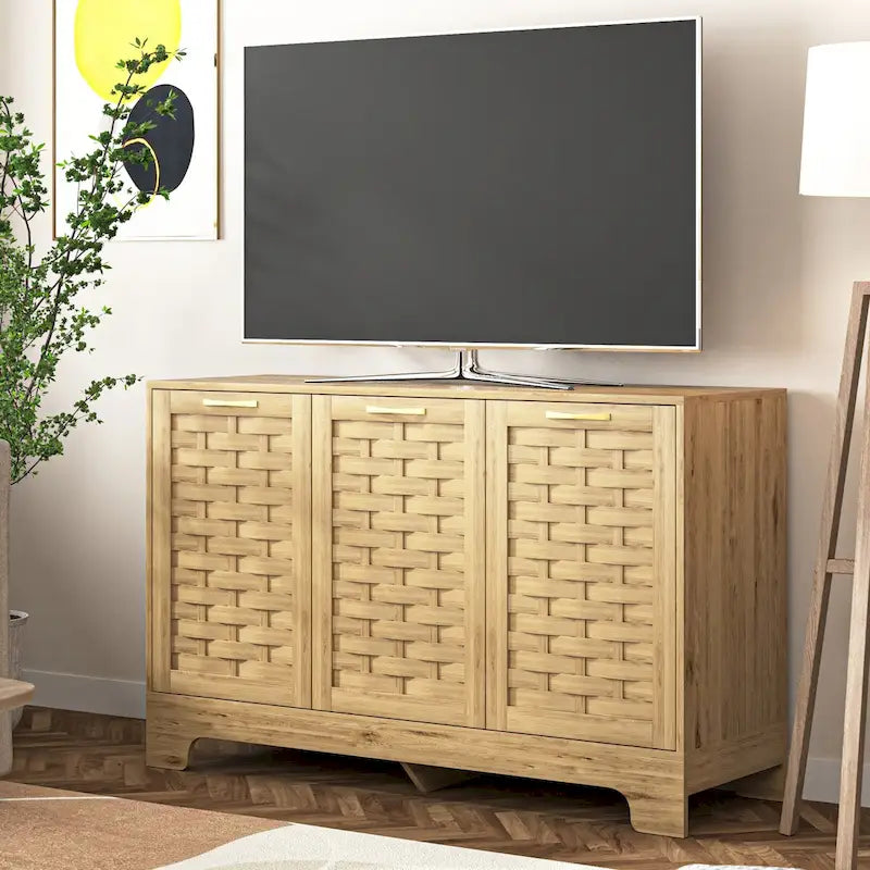 Natural Wood Woven Door Sideboard Buffet Cabinet with Adjustable Shelves Gold Handles