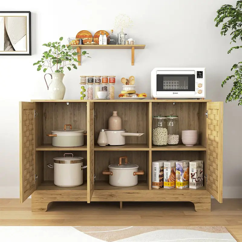 Natural Wood Woven Door Sideboard Buffet Cabinet with Adjustable Shelves Gold Handles