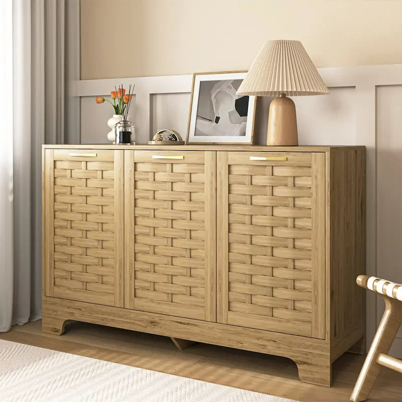 Natural Wood Woven Door Sideboard Buffet Cabinet with Adjustable Shelves Gold Handles