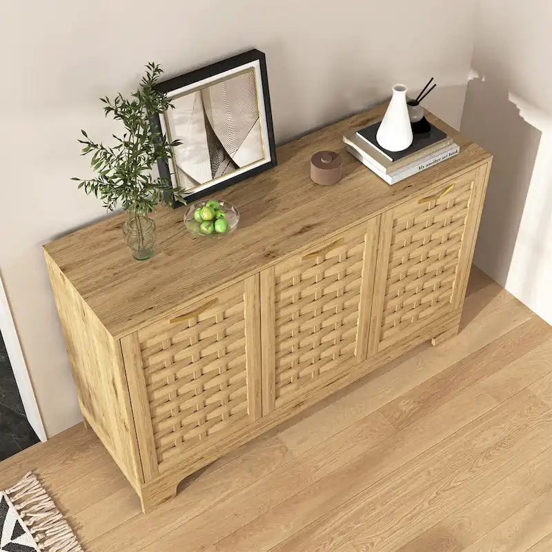Natural Wood Woven Door Sideboard Buffet Cabinet with Adjustable Shelves Gold Handles