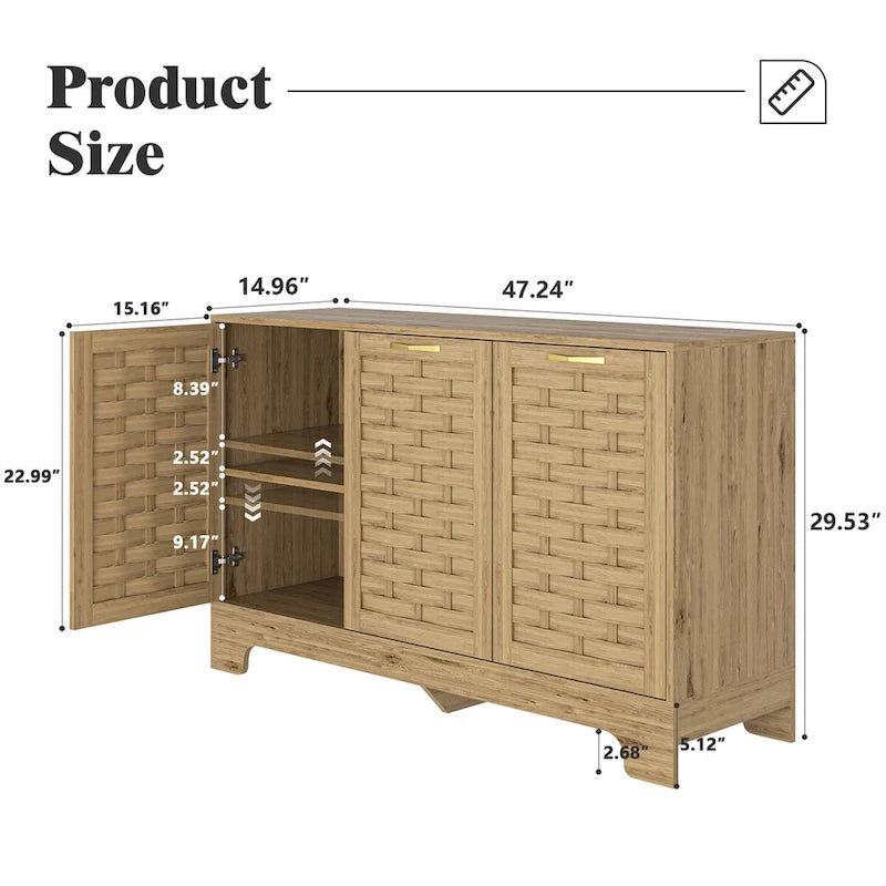 Natural Wood Woven Door Sideboard Buffet Cabinet with Adjustable Shelves Gold Handles