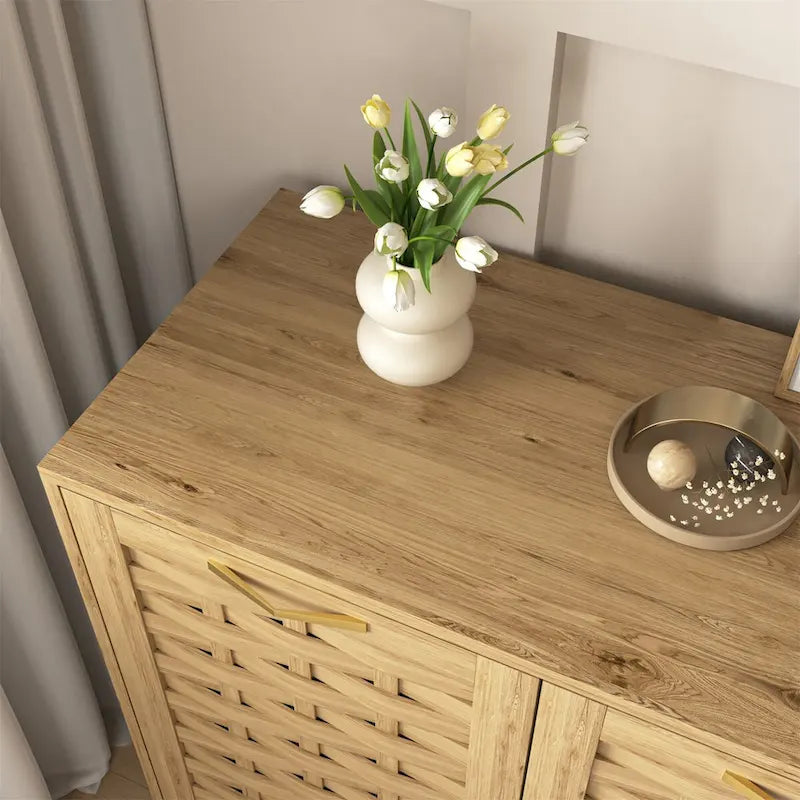 Natural Wood Woven Door Sideboard Buffet Cabinet with Adjustable Shelves Gold Handles