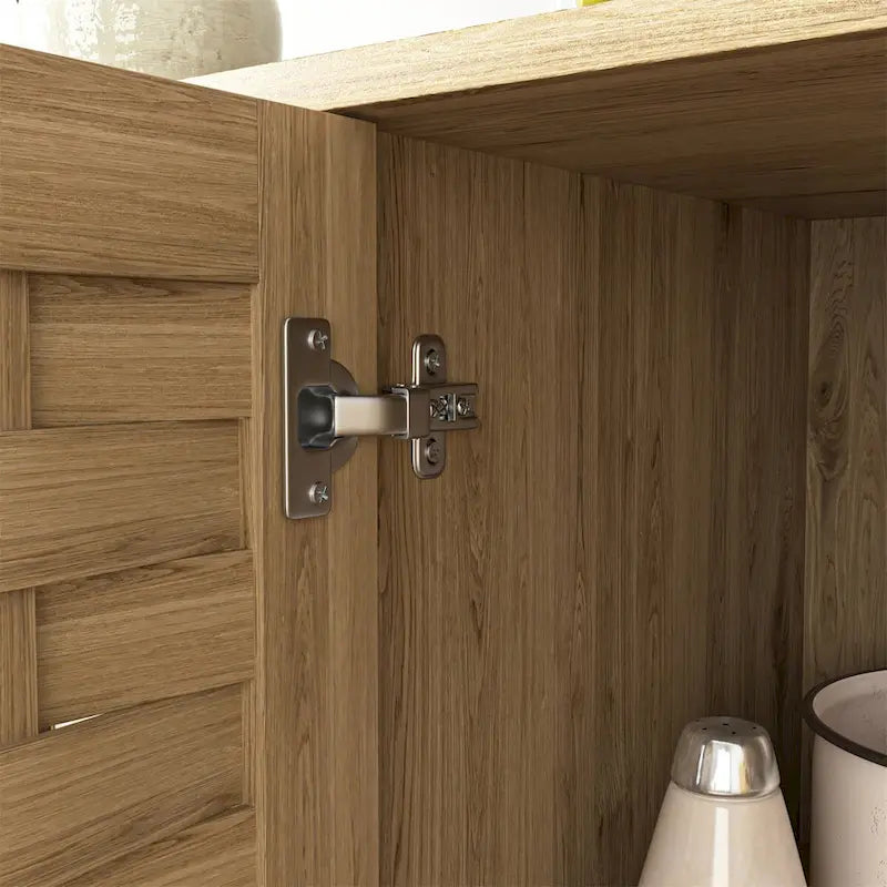 Natural Wood Woven Door Sideboard Buffet Cabinet with Adjustable Shelves Gold Handles