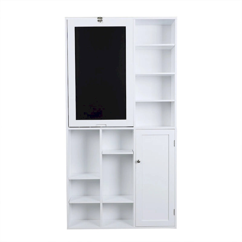 Wall-Mounted Fold-Down Desk Cabinet with Chalkboard and Open Shelving White