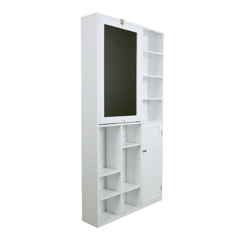 Wall-Mounted Fold-Down Desk Cabinet with Chalkboard and Open Shelving White