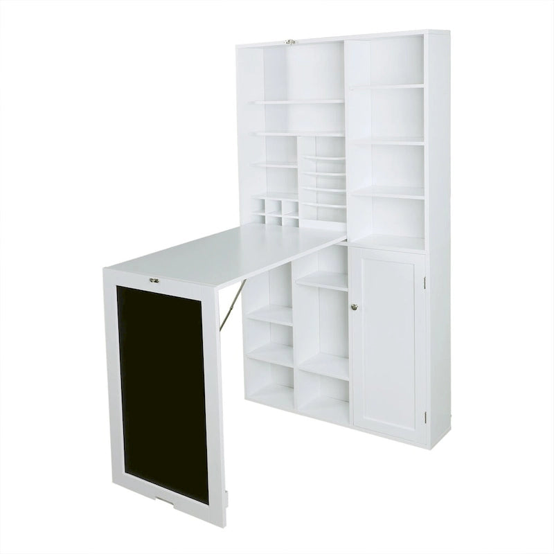 Wall-Mounted Fold-Down Desk Cabinet with Chalkboard and Open Shelving White