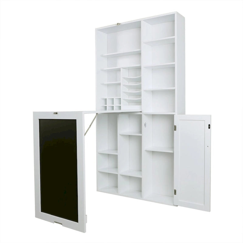 Wall-Mounted Fold-Down Desk Cabinet with Chalkboard and Open Shelving White