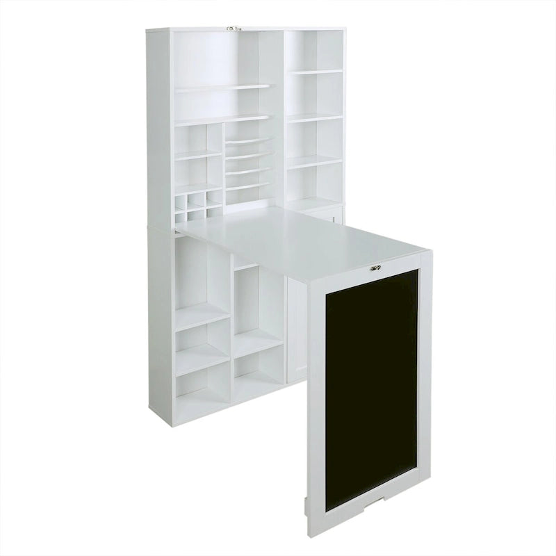 Wall-Mounted Fold-Down Desk Cabinet with Chalkboard and Open Shelving White