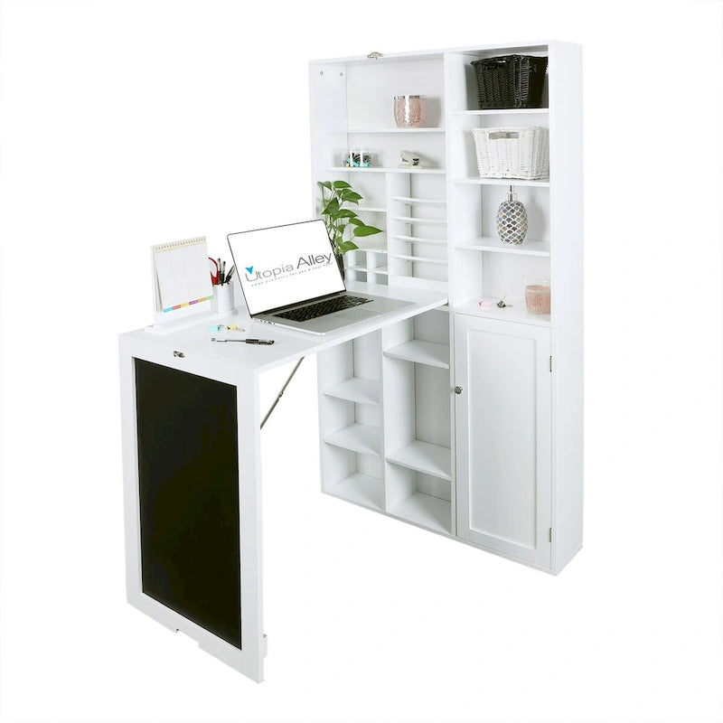 Wall-Mounted Fold-Down Desk Cabinet with Chalkboard and Open Shelving White