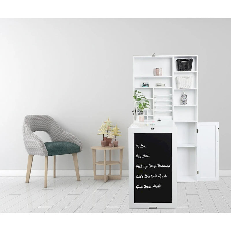 Wall-Mounted Fold-Down Desk Cabinet with Chalkboard and Open Shelving White
