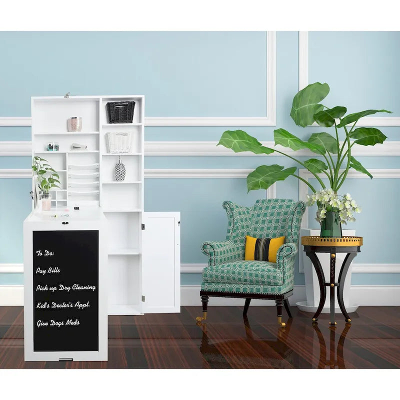 Wall-Mounted Fold-Down Desk Cabinet with Chalkboard and Open Shelving White